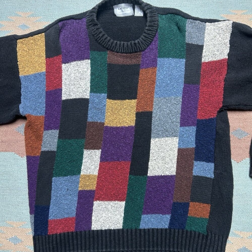 Vintage 90s knit sweater ramie cotton multicolor checkered pullover adult medium - Picture 2 of 4